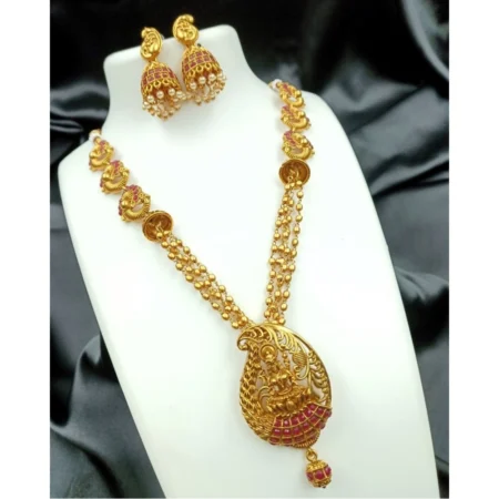 Generic Women's Gold Plated Necklace and Earrings Set with Antique Finish (Red, Free Size) - Image 1