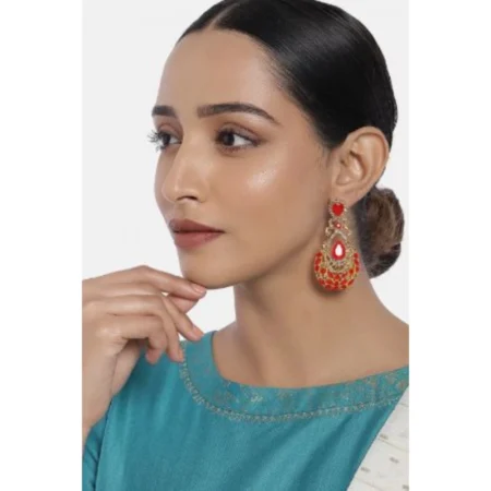 Generic Women's Rose Gold Plated Alloy Earrings (Gold & Red) - Image 3