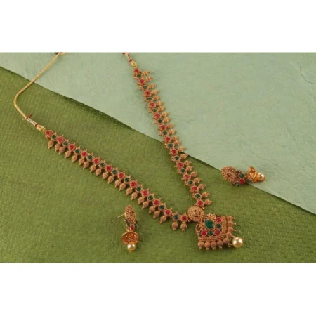 Generic Women's Rose Gold Plated Alloy Necklace & Earings Set (Green & Red) - Image 2