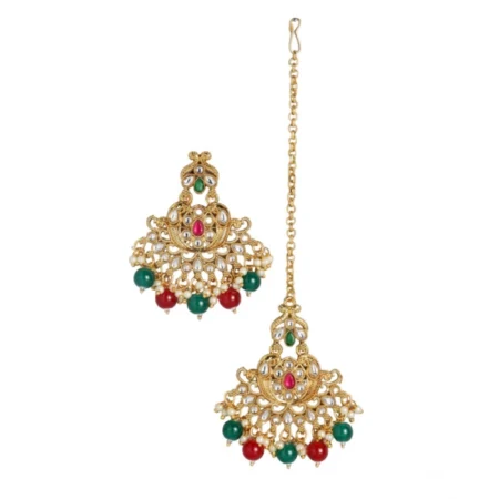 Generic Women's Rose Gold Plated Alloy Kundan Earrings & Mangtikka (Red & Green) - Image 4