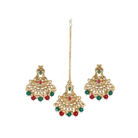 Generic Women's Rose Gold Plated Alloy Kundan Earrings & Mangtikka (Red & Green) - Image 1