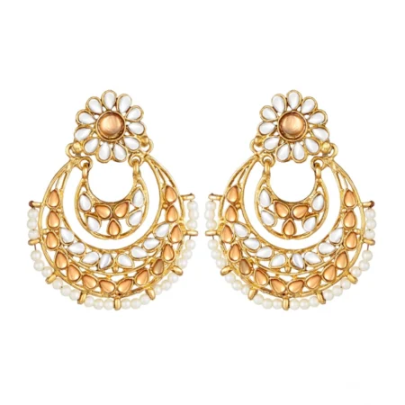Generic Women's Rose Gold Plated Alloy Kundan Earrings & Mangtikka (White & Gold) - Image 1