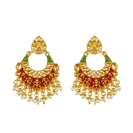 Generic Women's Rose Gold Plated Alloy Kundan Earrings & Mangtikka (Red & Green) - Image 2