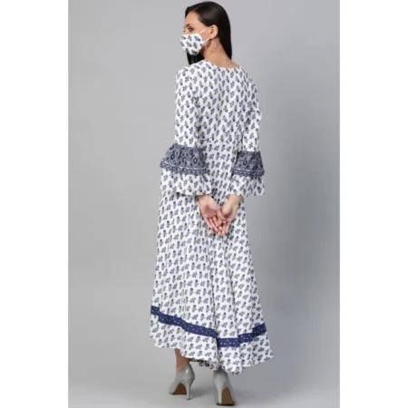 Generic Women's Casual Bell Sleeve Floral Printed Rayon Dress (White & Blue) - Image 2