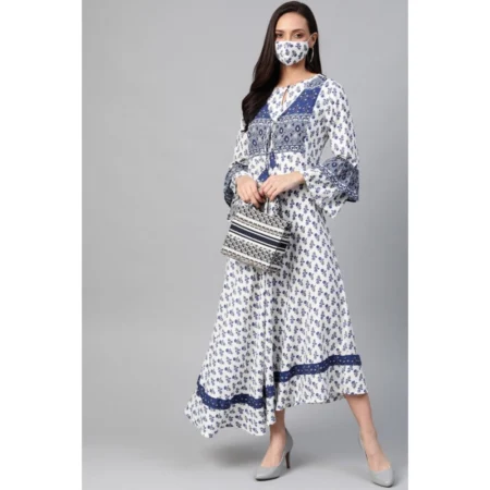 Generic Women's Casual Bell Sleeve Floral Printed Rayon Dress (White & Blue) - Image 3