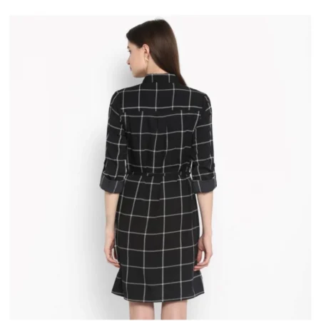 Generic Women's Polyester Checkered Roll Up Sleeve Above Knee Dress (Black - White) - Image 7