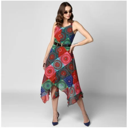 Generic Women's Polyester Asymmetrical Shoulder Straps Knee-Length Dress (Multicolor) - Image 6