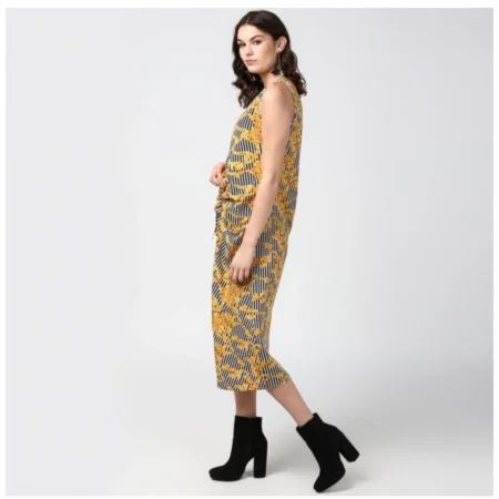 Generic Women's Polyester Chain Print Sleeveless Below Knee Dress (Yellow - Black) - Image 3
