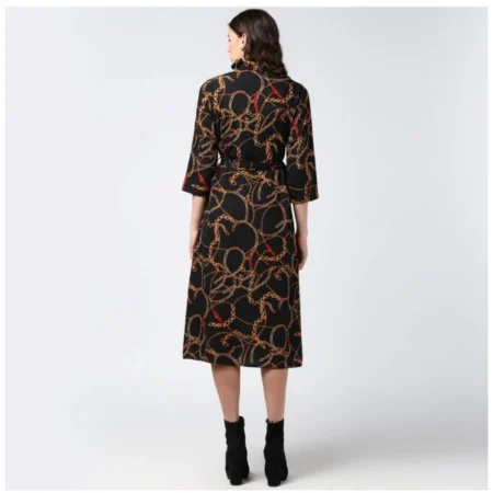 Generic Women's Polyester Chain Print Roll Up Sleeve Below Knee Dress (Black - Yellow) - Image 7