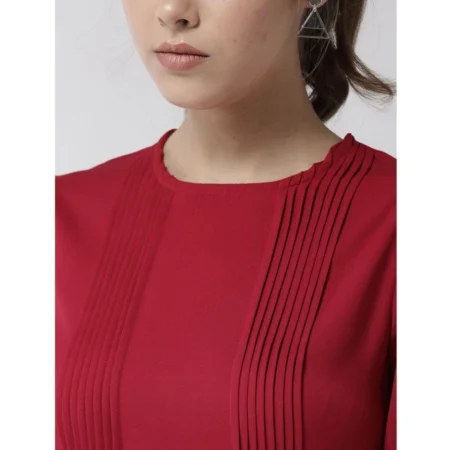 Generic Women's Polyester Pintuck Long Sleeves Below Knee Dress (Red) - Image 2
