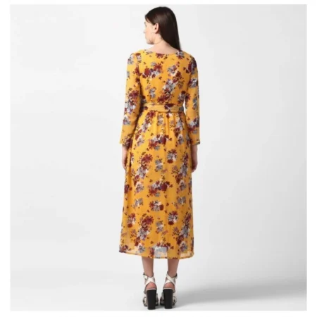 Generic Women's Polyester Floral Long Sleeves Calf-length Dress (Yellow) - Image 6