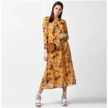 Generic Women's Polyester Floral Long Sleeves Calf-length Dress (Yellow) - Image 5
