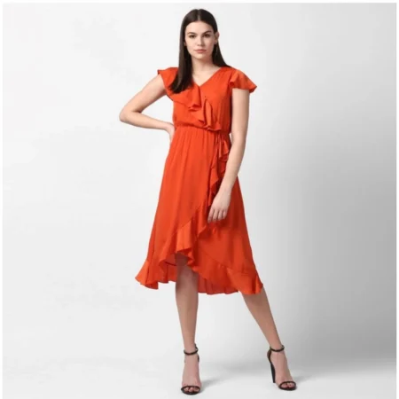 Generic Women's Polyester Ruffled Cap Sleeve Knee-Length Dress (Orange) - Image 5
