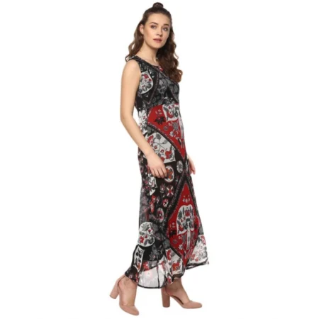 Generic Women's Polyester Printed Sleeveless Dress (Red - Black) - Image 4