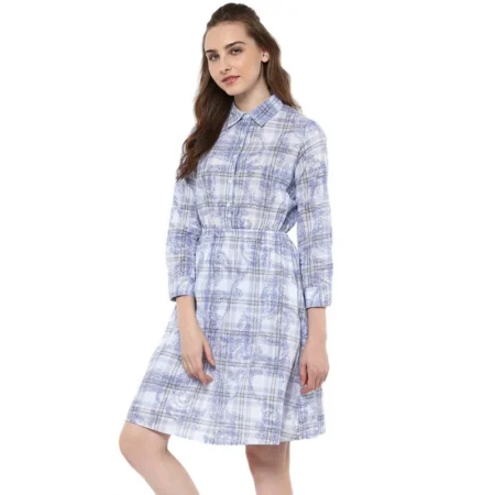 Generic Women's Cotton Checkered Roll Up Sleeve Above Knee Dress (Blue) - Image 3