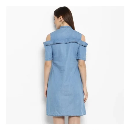 Generic Women's Denim Solid Cold Shoulder Above Knee Dress (Blue) - Image 7