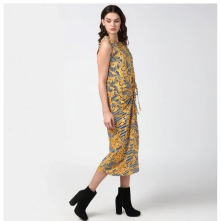 Generic Women's Polyester Chain Print Sleeveless Below Knee Dress (Yellow - Black) - Image 5