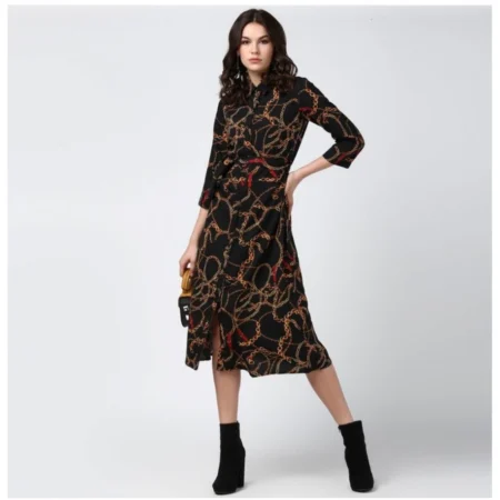 Generic Women's Polyester Chain Print Roll Up Sleeve Below Knee Dress (Black - Yellow) - Image 6