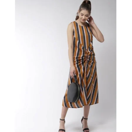 Generic Women's Polyester Striped Sleeveless Below Knee Dress (Mustard) - Image 3