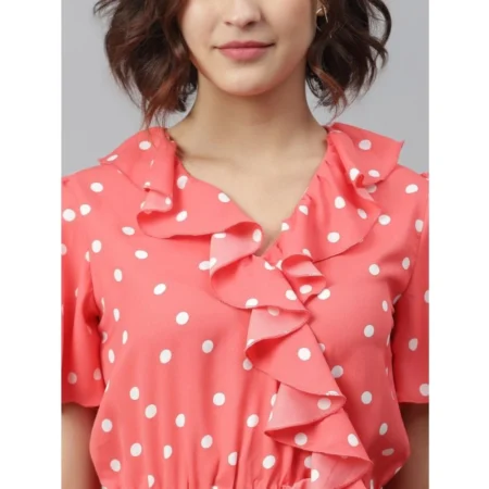 Generic Women's Polyester Polka Flutter Above Knee Dress (Coral) - Image 2