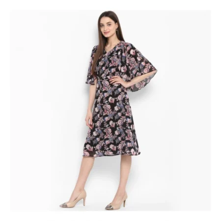Generic Women's Polyester Floral Short Sleeve Knee-Length Dress (Black - Multicolor) - Image 3