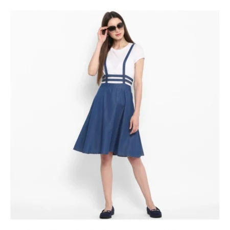 Generic Women's Denim Solid Shoulder Straps Below Knee Dress (Blue) - Image 6