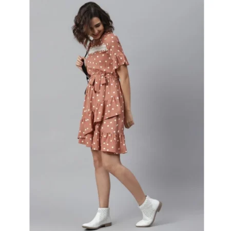Generic Women's Polyester Polka Bell Sleeve Above Knee Dress (Brown) - Image 5
