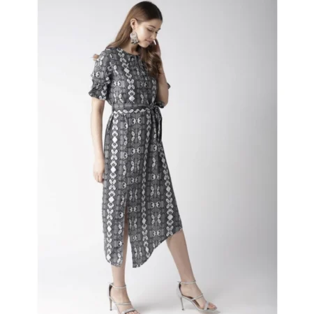 Generic Women's Polyester Animal Print Short Sleeve Knee-Length Dress (Black - White) - Image 4