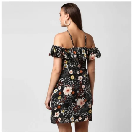 Generic Women's Polyester Floral Cold Shoulder Above Knee Dress (Black) - Image 7