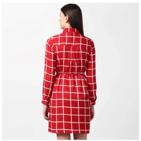 Generic Women's Polyester Checkered Long Sleeves Above Knee Dress (Red) - Image 7