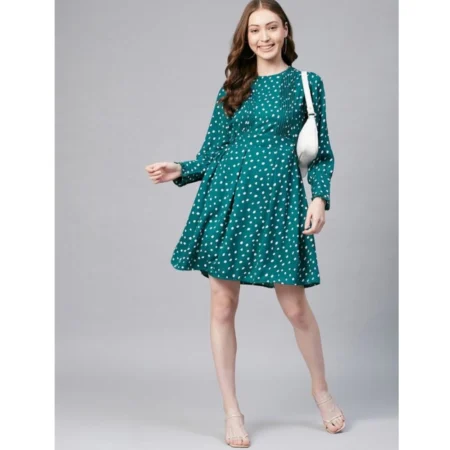 Generic Women's Polyester Polka Long Sleeves Above Knee Dress (Green - White) - Image 6