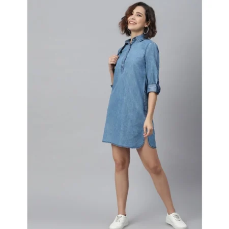Generic Women's Denim Solid Long Sleeves Above Knee Dress (Ice Blue) - Image 5