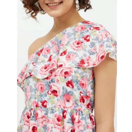 Generic Women's Polyester Floral One Shoulder Calf-length Dress (Multicolor) - Image 2