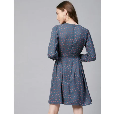 Generic Women's Polyester Polka Long Sleeves Above Knee Dress (Grey - Coral) - Image 7