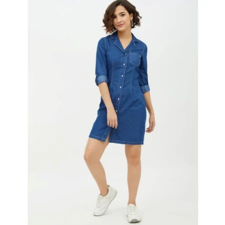 Generic Women's Denim Solid Long Sleeves Above Knee Dress (Blue) - Image 6