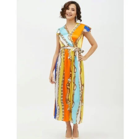 Generic Women's Satin Chain Print Cap Sleeve Calf-length Dress (Multicolor) - Image 6