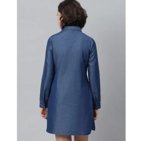 Generic Women's Denim Solid Long Sleeves Above Knee Dress (Navy Blue) - Image 6