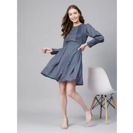 Generic Women's Polyester Polka Long Sleeves Above Knee Dress (Grey - Coral) - Image 6
