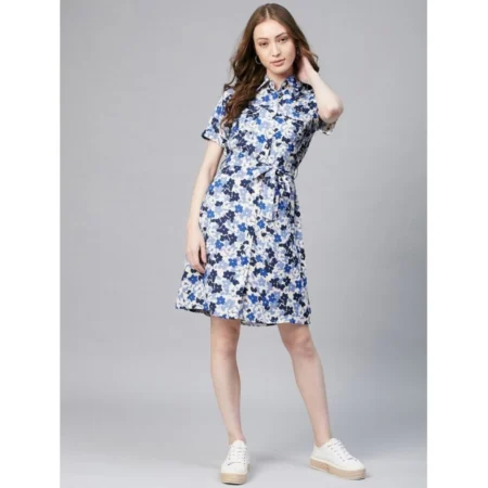 Generic Women's Polyester Floral Short Sleeve Above Knee Dress (Blue - White) - Image 6