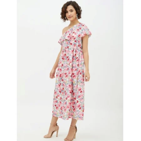 Generic Women's Polyester Floral One Shoulder Calf-length Dress (Multicolor) - Image 3