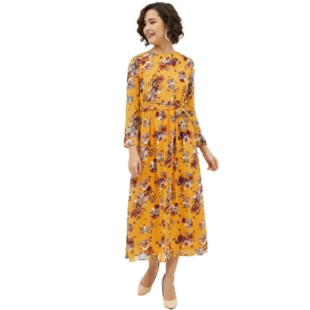 Generic Women's Polyester Floral Long Sleeves Calf-length Dress (Multicolor) - Image 1