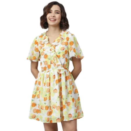 Generic Women's Polyester Printed Flutter Above Knee Dress (Yellow - Orange) - Image 1