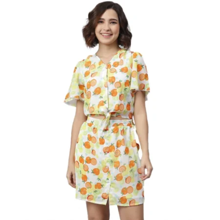 Generic Women's Polyester Printed Flutter Above Knee Dress (Orange - Yellow) - Image 1