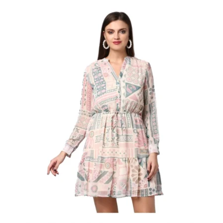 Generic Women's Polyester Printed Long Sleeves Above Knee Dress (Light Pink - Off White) - Image 1