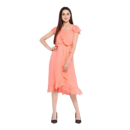 Generic Women's Polyester Ruffled Cap Sleeve Below Knee Dress (Neon Pink) - Image 1