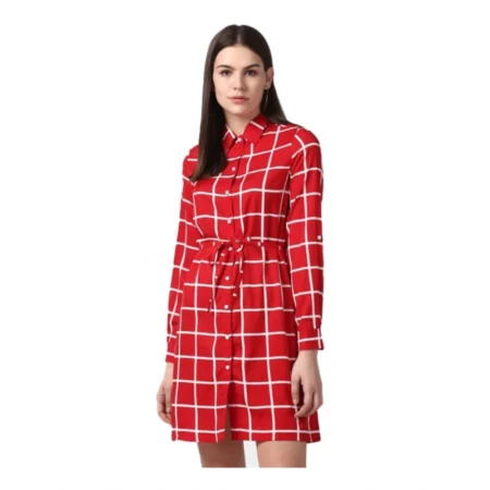 Generic Women's Polyester Checkered Long Sleeves Above Knee Dress (Red) - Image 1