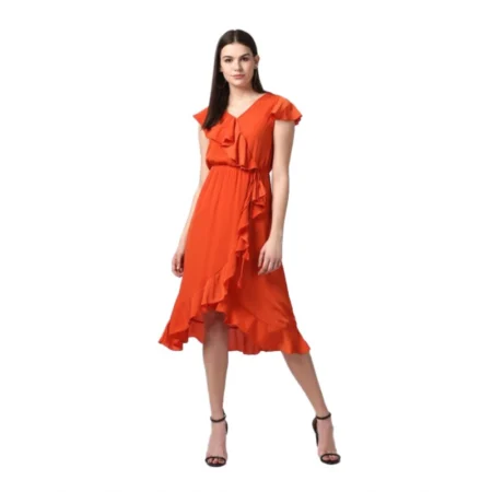 Generic Women's Polyester Ruffled Cap Sleeve Knee-Length Dress (Orange) - Image 1