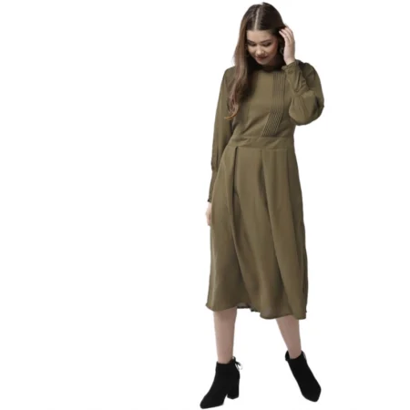 Generic Women's Polyester Pintuck Long Sleeves Below Knee Dress (Olive) - Image 1