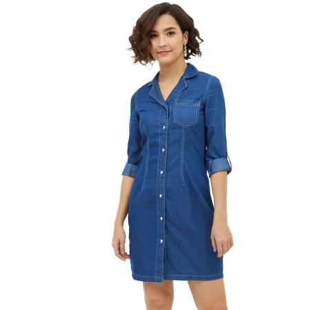 Generic Women's Denim Solid Long Sleeves Above Knee Dress (Blue) - Image 1