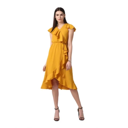 Generic Women's Polyester Ruffled Cap Sleeve Knee-Length Dress (Yellow) - Image 1